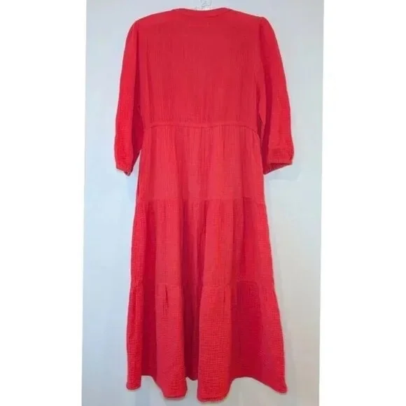 Marine Layer Willow Tiered Button-Up Midi Dress in Red SZ S - Picture 3 of 3